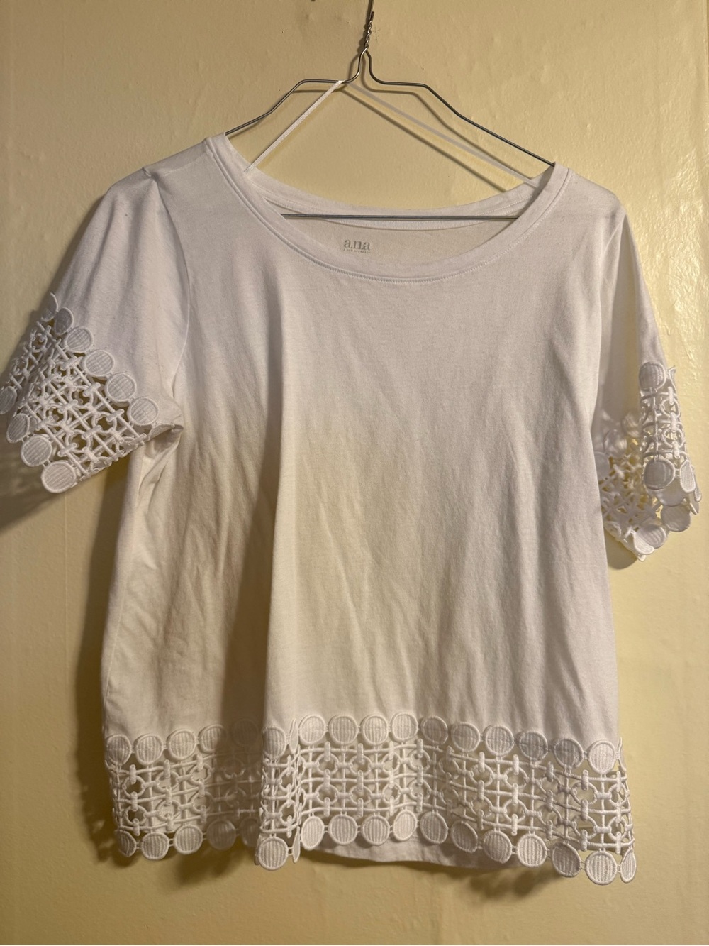 a.n.a White Short Sleeve Top with Crochet Hem and Sleeves